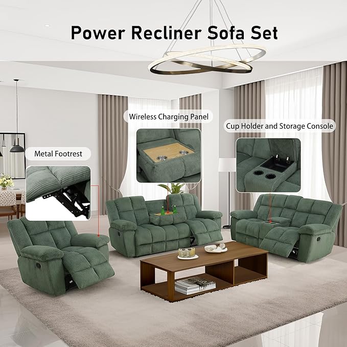 Manual Recliner Sofa Set,Corduroy Reclining Couch Set,Modern Living Room Furniture Set,Reclining Sofa Couch Chair for Living Room Home Office(Green,3 Pieces Set)