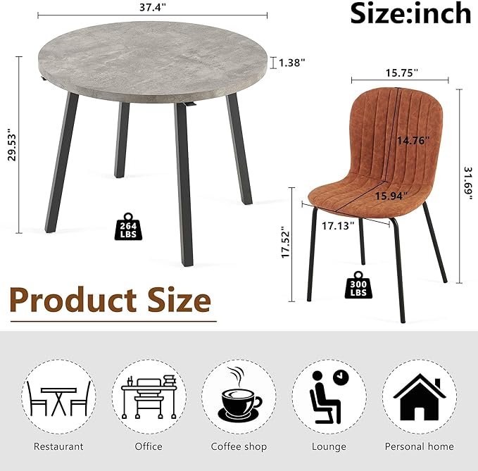 5-Piece Round Table Set for 4, 37.4" Grey Round Table with Hooks, Solid MDF Tabletop, Industrial Kitchen Table with Brown PU Dining Chairs for Living Room, Dining Room