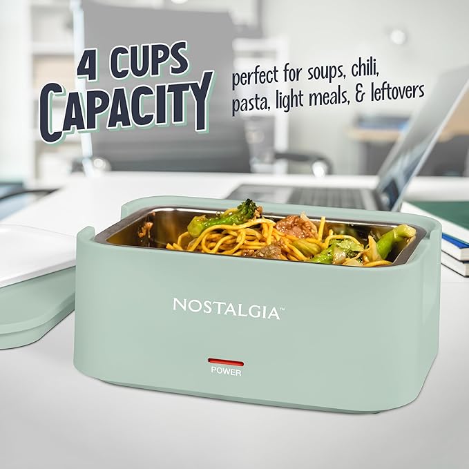 Nostalgia 32-Ounce Heated Electric Lunch Box – Travel Size 4 Cup Capacity for Soup, Pasta, and Leftovers – Leak-Proof Silicone Sealed Lid, Foldable Carry Handle, Detachable Cord – Sage