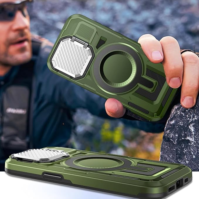 Camera Stand Case for iPhone 15 Pro Max, [Compatible with Mag Safe] [Lens Cover] 2024 Version Military Grade Protective Soft Case for iPhone 15 Pro Max 6.7 inch Men Women, Green