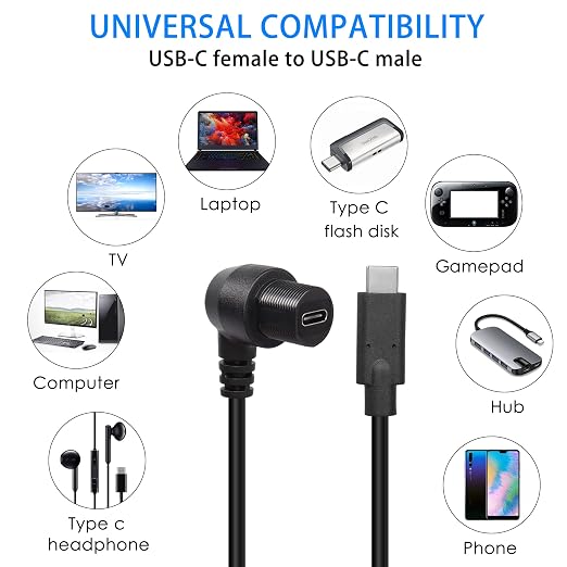 QIANRENON 90 Degree Angle USB C Flush Panel Mount Cable USB Type C 2.0 Female to Male Right Angle Waterproof Extension Cable Threaded to Dashboard or Panel 30cm/11.8 in (UP&ampDown Bend)