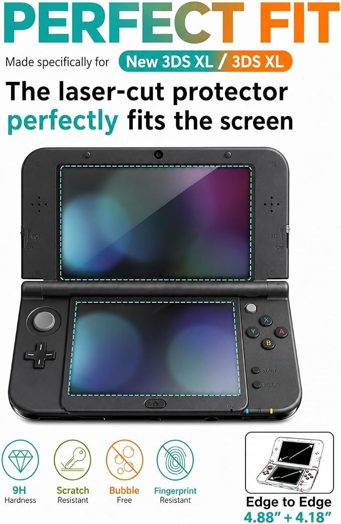 3 Pack Tempered Glass Top Screen Protector + 3 Pack HD Clear PET Bottom Film Compatible with 3DS XL/New 3DS XL