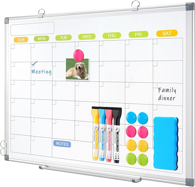 Dry Erase Calendar Whiteboard for Wall, WALGLASS 36" x 24" Magnetic White Board, Monthly Dry Erase Calendar with Silver Aluminum Frame, Double-Sided Hanging Portable Board for Office, Home, School