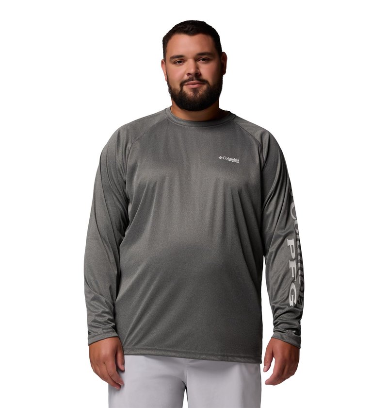 Columbia Men's PFG Terminal Tackle Long Sleeve Fishing Shirt, Charcoal Heather/Cool Grey Logo, 5X
