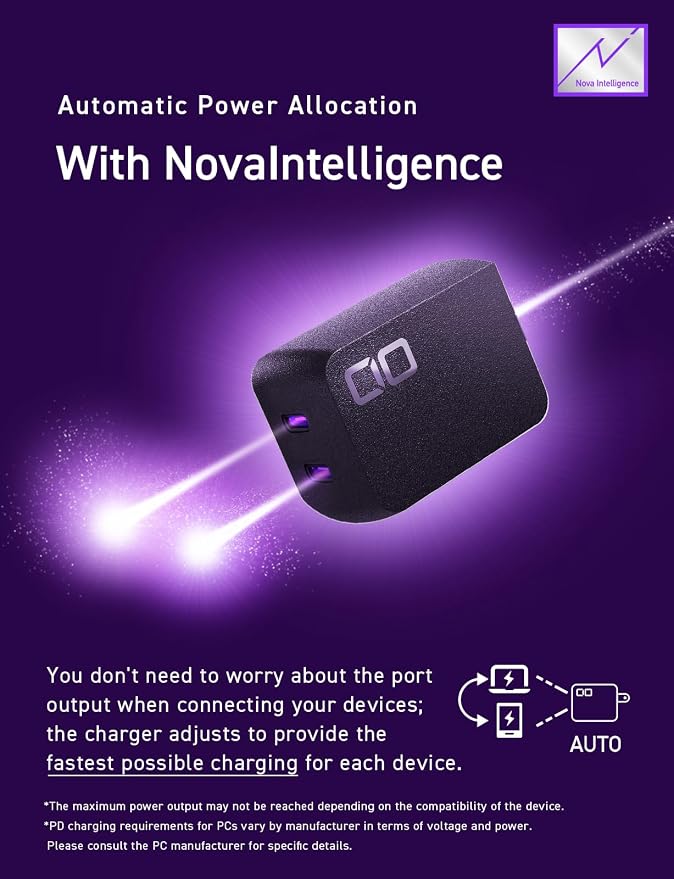 CIO NovaPort Duo II 67W2C Dual USB-C GaN Fast Charge Block (Black) | Compact 2-port fast charging wall adapter 67W max output for laptop phone and tablet