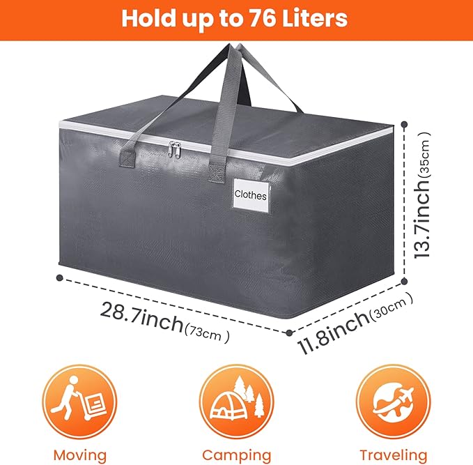 BlissTotes Large Moving Boxes and with Zippers & Handles Moving Supplies with lids, Heavy Duty Totes for Storage Bags for Space Saving, Fold Flat, Moving and Storing 76L, 4 Pack