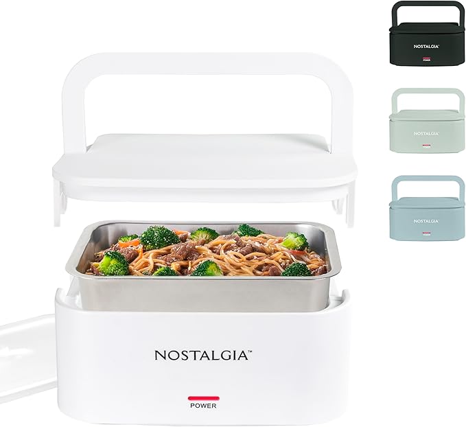 Nostalgia Portable Heated Lunch Box – 4-Cup Stainless Steel Food Warmer – Detachable Cord, Leak-Proof Lid, Carry Handle – Portable for Work & Travel – White