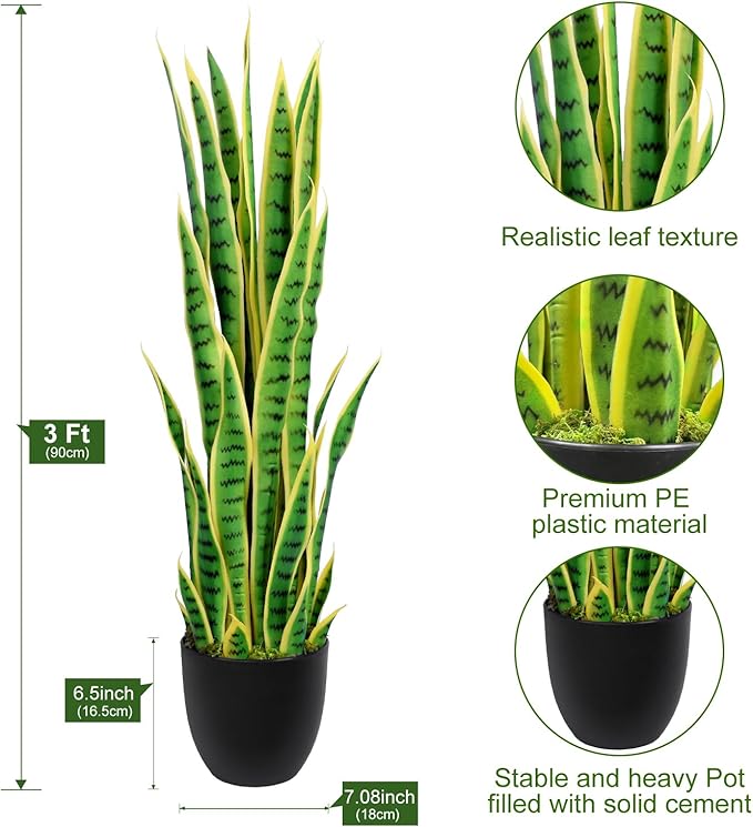 3ft Artificial Snake Plant – 36in Faux Sansevieria Plants, Fake Floor Plant for Indoor Outdoor, Front Porch Patio Home Office Decor, Mother-in-Law’s Tongue, Yellow 1Pcs