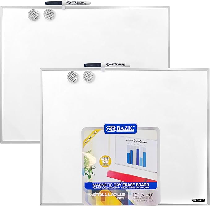 BAZIC Products Magnetic Dry Erase Board Aluminium Frame 16"x20", Whiteboard, Dry Erase Marker, Magnet, for Teacher Office Home, 2-Pack