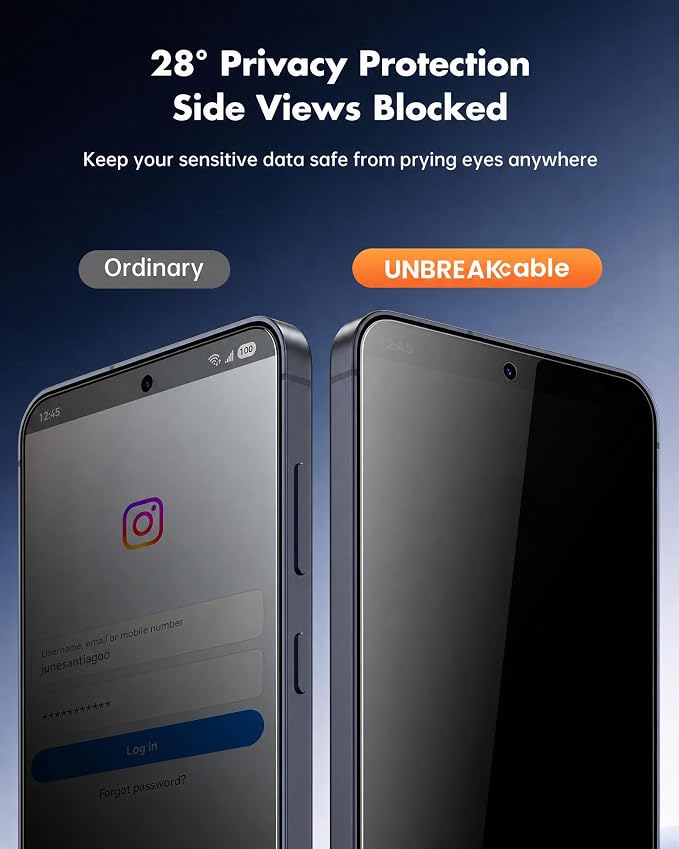 UNBREAKcable Privacy Screen Protector for Samsung Galaxy S25 Plus 3 Pack | 28° Anti-Spy Tempered Glass with 9H Hardness and Easy Installation Frame. Full 6.7-inch Screen Coverage