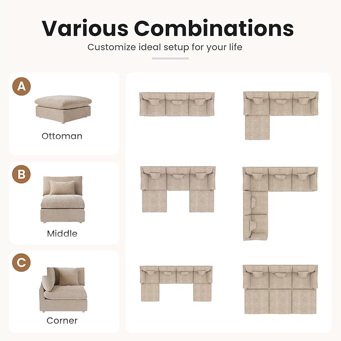 WJShome 160" Cloud Couch Sectional for Living Room, Down Filled Modular Sectional Sofa,4 Seater Convertible Couch, Sofa Covers Washable&Replaceable,Khkai