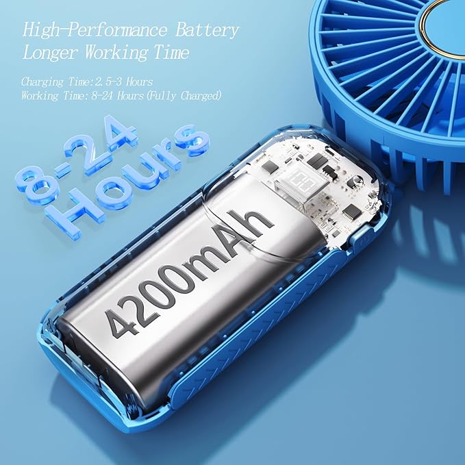 GOCKERA Portable Fan, 4200mAh Battery Operated Fan, 5 Speeds&Digital Display, Makeup Fans for Women with Base, 180°Foldable 3in1 Handheld/Neck/Desk Fan for Outdoor Indoor,Ultra Quiet (sky blue)