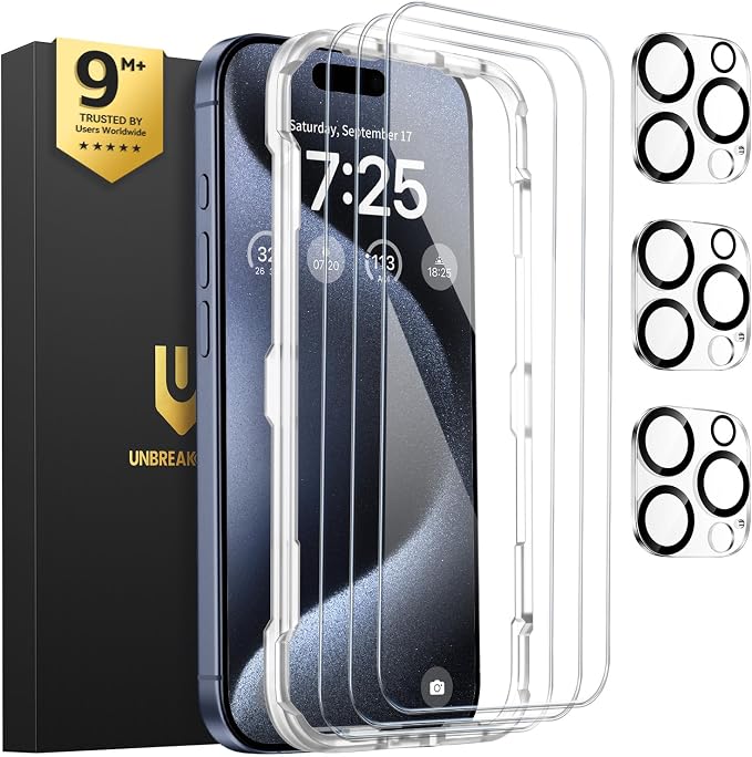 UNBREAKcable iPhone 15 Screen Protector 3-Pack Upgraded Dual-Tempered Glass + 3 Camera Lens Protectors Military-Grade 9H Hardness HD Clarity Anti-Fingerprint Case Friendly 6.1 Inch | Upgraded Du