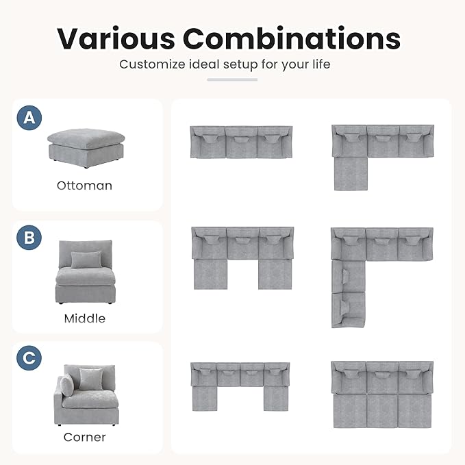 Modular Sectional Sofa,119inch V Shaped Down Filled Cloud Couch,5 Seater Convertible Sofa Living Room Set,Cover Washable and Replaceable Couches for Living Room,Gray