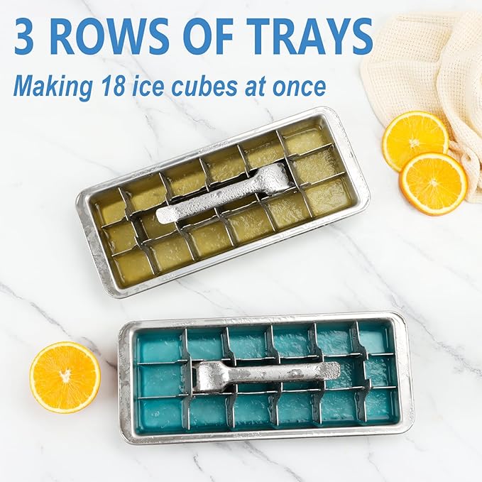 Stainless Steel Ice Cube Tray, Metal Ice Cube Trays for Freezer with Easy Release Lever, 18 Cubes Plastic Free Ice Mold for Whiskey, Cocktails & Drinks, Kitchen & Bar Use