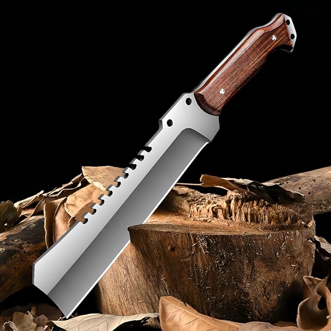 Machete w Sheath for Yard Work, 15'' Full Tang Camping Machete for Cutting Trees Heavy Duty, Survival Machetes, 0.22’’ Thick 5CR15MOV Stainless Steel Blade Spine & Wood Handle, Clearing Brush and Gardening