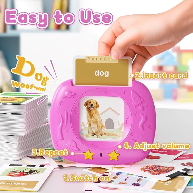 HOMESTEC Toddler Talking Flash Cards with American Accent and 288 Sight Words for Speech Therapy Learning Montessori Sensory Play for Boys and Girls Ages 3 to 6 Easter Basket Stuffer (Pink)
