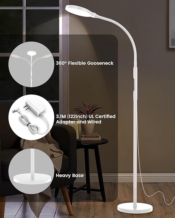 Light Therapy Lamp 11000 Lux, Full Spectrum LED UV-Free Sunlight Lamp with 10 Adjustable Brightness & 5 Color Temperatures, 3 in 1 Retractable Timer Control Therapy Floor Lamp, White