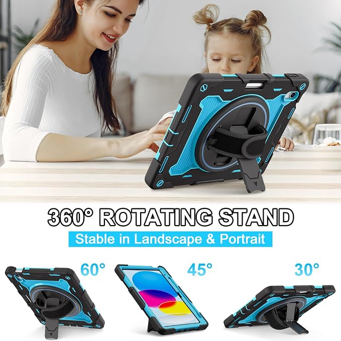 for iPad 9th 8th 7th Gen Case 10.2 inch with Screen Protector | 360° Rotating Kickstand Hand Strap Shoulder Strap Heavy Duty Military Grade - Kids Friendly