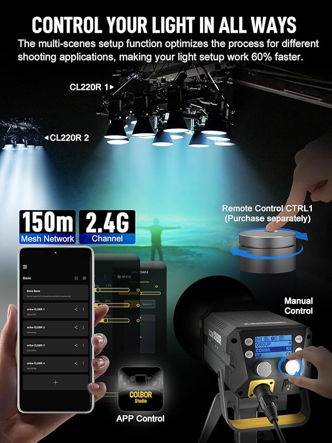 Video Light, COLBOR CL220R RGB 250W Max Continuous Lighting 2700-6500K CRI97+ 31,400Lux@3.3ft COB Studio Light with Bowens Mount APP 13 Light Effects for Film Live, Video-Light-Studio-LED-Photography