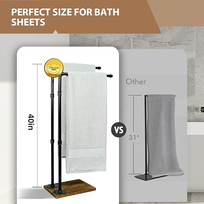 Hjarta 40 Inch Free Standing Towel Racks for Bathroom, Black Towel Holders with Wooden Base, 2-Tier Freestanding Towel Holder Stand for Bath Towel Sheet