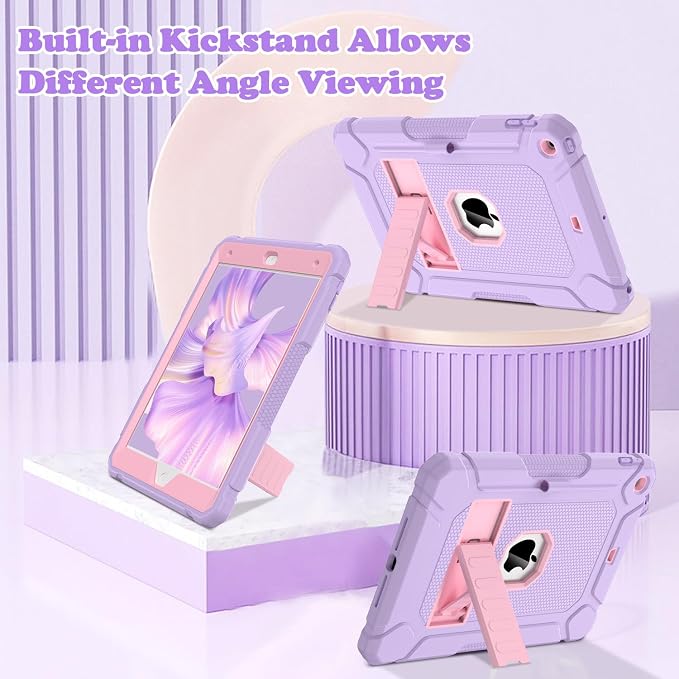 LTROP Case for iPad 10.2-Inch 9th/ 8th/ 7th Generation (2021/2020/ 2019) with Pencil Holder &amp Kickstand Hybrid Shockproof Rugged Protective Case for iPad 9/8/ 7 Gen 10.2 Purple and Green
