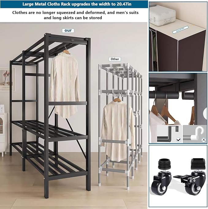 Heavy Duty Covered Clothes Rack with Magnetic Door Foldable Portable Wardrobe Closet for Hanging Clothing Rolling Black Metal Garment Rack on Wheels Closet System (Brown, 70.89in)