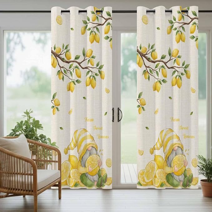 Summer Outdoor Curtains for Patio Lemon Gnome Leaf Linen Texture Waterproof