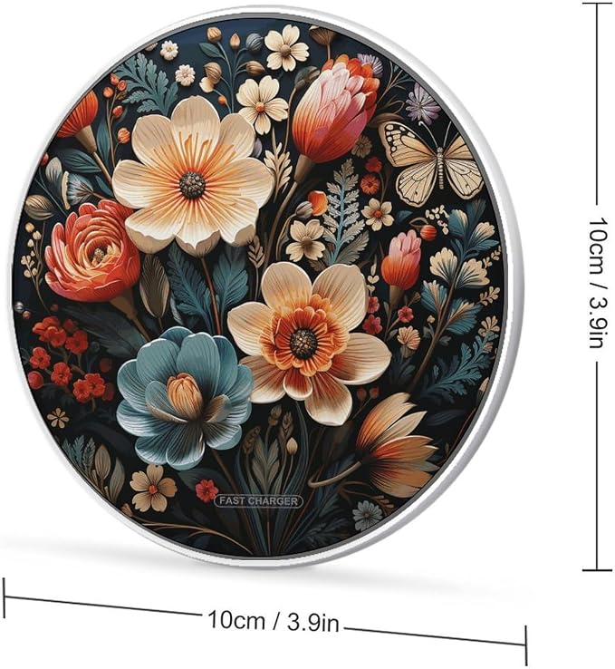 Floral Pattern Wireless Charger with USB Cable Qi-Certified 10W Fast Wireless Charging Pad Portable Charging Station Anti-Slip Slim Charger Mat for All Qi-Enabled Phones