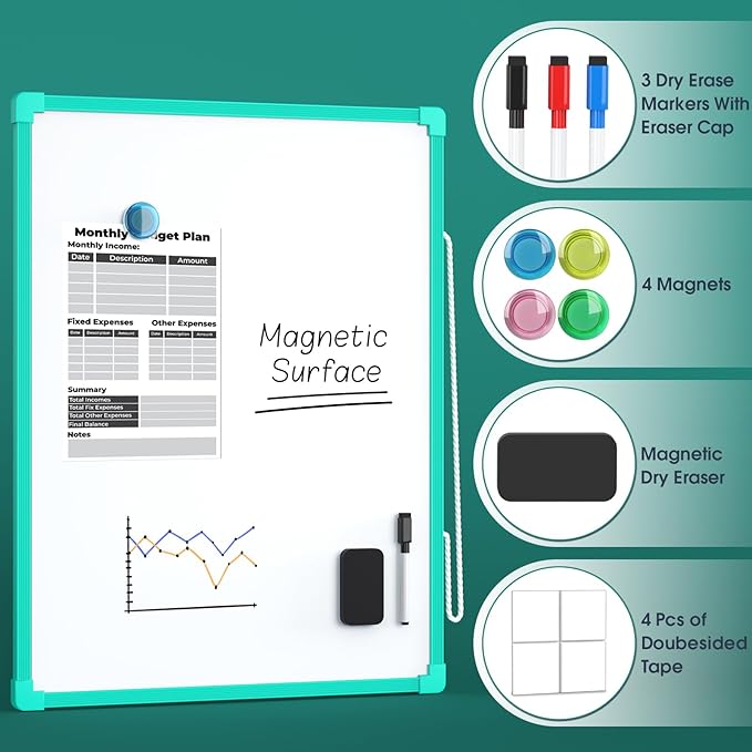 MaxGear Double-Sided Dry Erase Board for Wall, 16"x12" Hanging Whiteboard, Small Dry Erase White Board kit, Portable Whiteboard for Planning, Drawing, Memo, to Do List, Green Frame