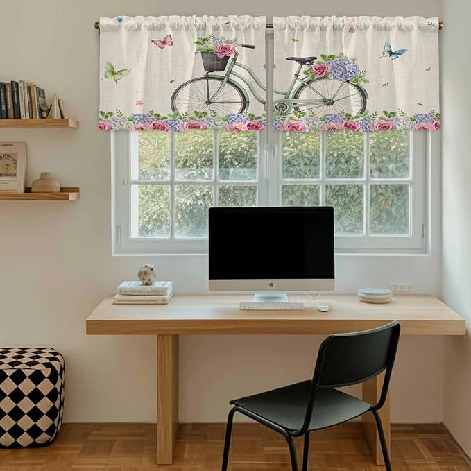 Farmhouse Spring Tier Curtains, Retro Bicycles Flowers Vines Butterfly Light