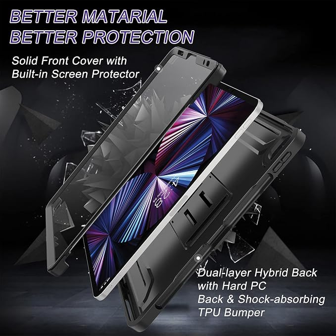 Soke Case for iPad Pro 11 Inch 2022/2021/2020/2018/iPad Air 5th/4th GenerationBuilt-in Screen Protector - Support 2nd Apple Pencil Charging - Heavy Duty Rugged Protective Kickstand Case - Black