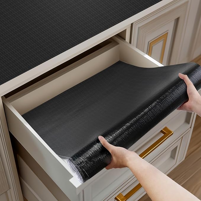 Shelf and Drawer Liner for Kitchen Cabinets Non-Adhesive, Strong Grip Non-Slip Thickened Cabinet Liners for Shelves, Waterproof Mats for Dresser Cupboard, Black, 23 in x 10 Feet