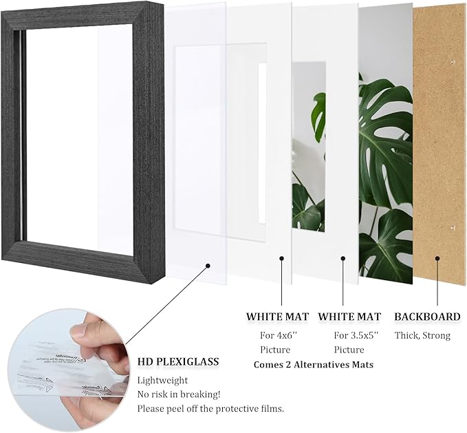 Egofine 5x7 Picture Frame Made of Solid Wood with Plexiglass, Display Pictures 3.5x5/4x6 with Mat or 5x7 Without Mat for Tabletop and Wall Mounting, Rustic Black