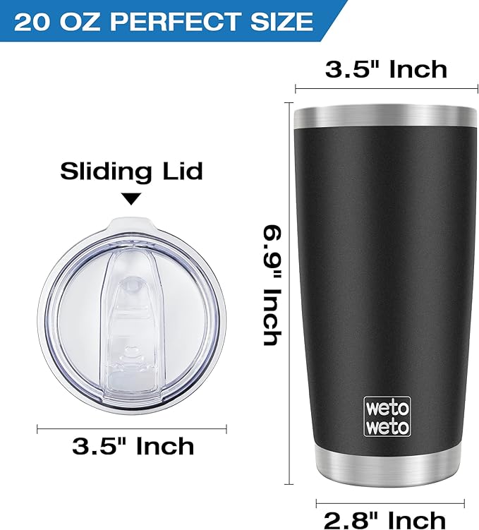 WETOWETO 20oz Tumbler, Stainless Steel Vacuum Insulated Coffee Tumbler Cup, Double Wall Powder Coated Leak-proof Travel Coffee Mug Cup (Black, 1 Pack)