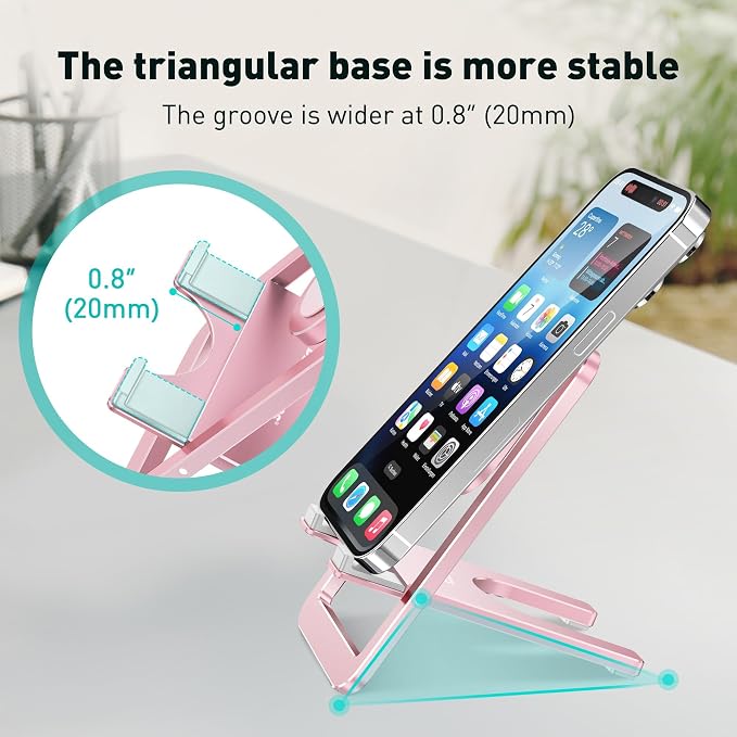 Cell Phone Stand for Desk - Foldable Aluminum Phone Holder Portable Travel Essentials Adjustable Desktop Dock for iPhone 17 16 15 14 Pro Max Android (Pink)