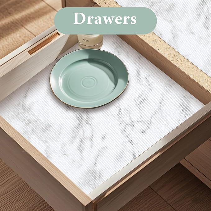 Drawer and Shelf Liner for Kitchen Cabinet Non Slip Waterproof Shelf Paper Non Adhesive Refrigerator Liners White Marble Easy Liners for Bathroom Cupboard (White Marble, 12 in X 10 Ft)