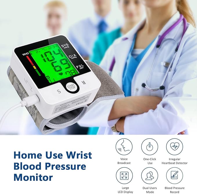 Wrist Blood Pressure Monitor for Home Use Digital Automatic Talking Wrist Blood Pressure Cuff, Rechargeable Blood Pressure Machine Adjustable Bp Cuff 3 Color Backlit LCD Display