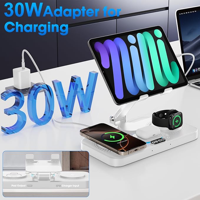 6 in 1 Wireless Charger for Apple Device 30W Foldable Wired Charging for ipad with Clock &amp 7 Color Ambient Light Nightstand Charger Station for iPhone 17