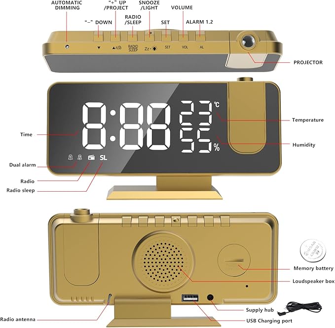 Mightree Projection Alarm Clock for Bedroom, Digital Alarm Clock with USB Charger, 7.4" Large LED Mirror Display Radio Alarm Clock, Dual Smart Alarm with Projection on Ceiling, Rich Gold