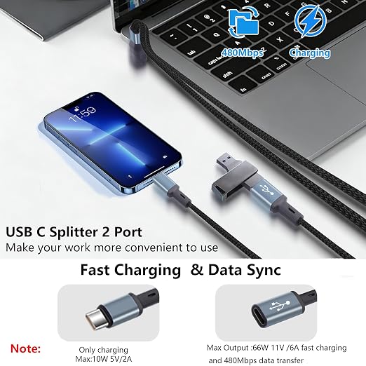 90-Degree USB to Dual Type C Splitter Cable USB-A Splitter Extension Cable with Type C Male and Female Connector 1 in 2 Out for Phone15/16LaptopTabletPower BankCar 20cm/0.65ft