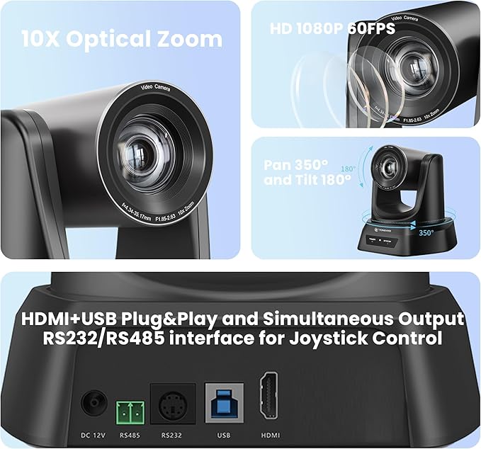 TONGVEO PTZ Camera HDMI/USB 10X Optical Zoom 60fps 1080P Video Conference Camera for Church Worship Live Streaming Meeting Online Learn with Zoom YouTube OBS and More
