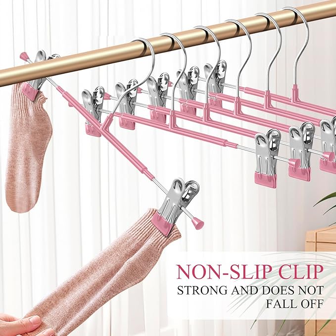 Pants Hangers with Clips 10 Pack Adjustable Skirt Hangers for Women Non-Slip Trousers Hanger for Jeans Clothes Hangers for Pants Heavy Duty Space Saving Shorts Hangers,Pink,12Inch