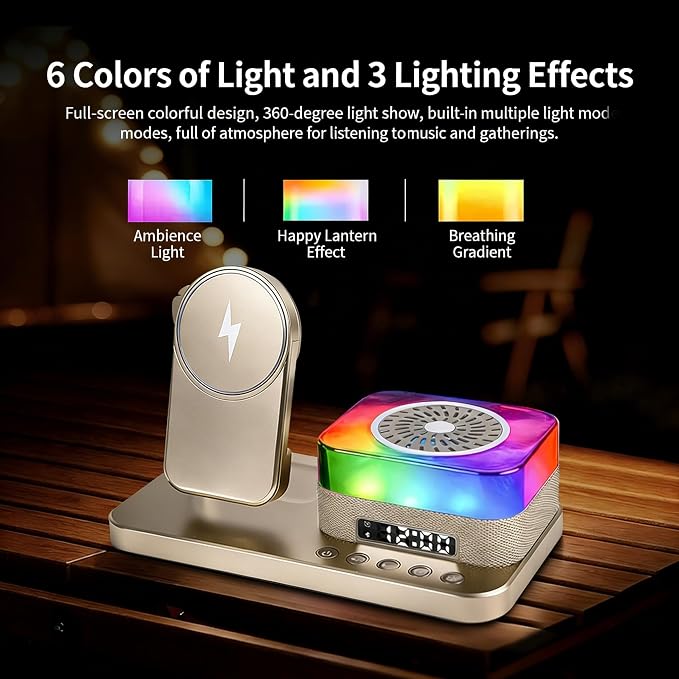 8-in-1 Desktop Charging Station with Bluetooth Speaker RGB Ambient Light Digital Clock Phone Stand Wireless Charger for Phone Watch and Earbuds Black/White (Black)