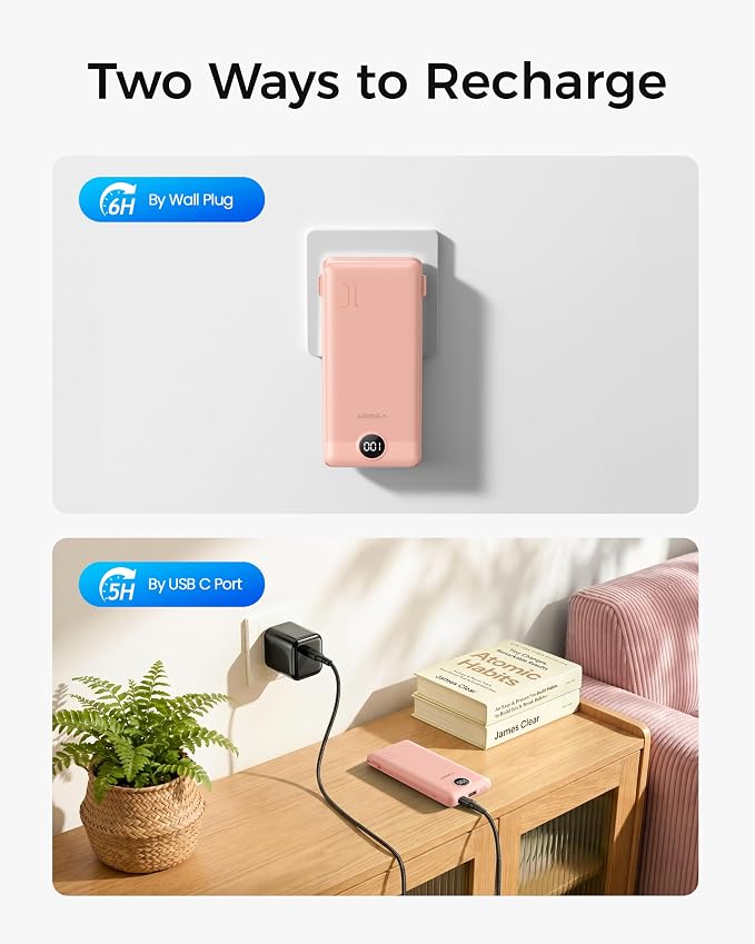 VEGER Portable Charger for iPhone Power Bank Built in Cable and Wall Plug | 10000mAhUltra Slim&ampCompact5 OutputsLED DisplayFlight-SafeTravel Essentials Battery Pack for iPhone 17iPad Samsun