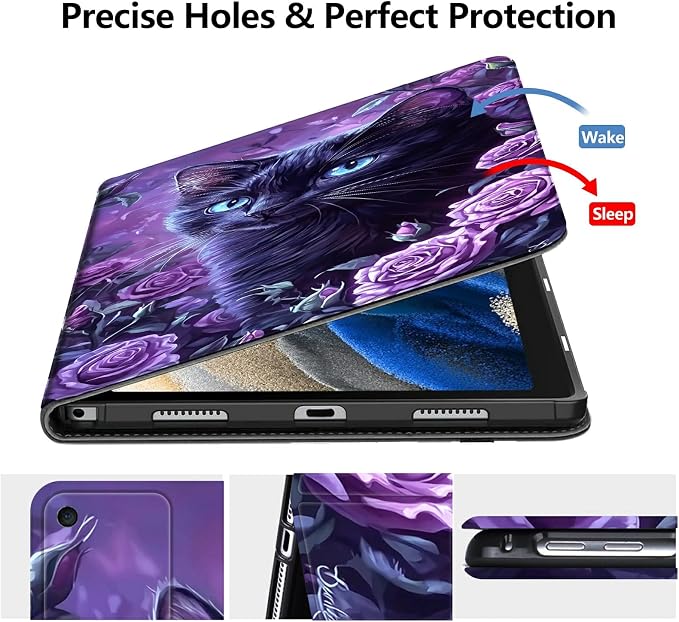 Case for Fire 7 2019/2017/2015Black Cat Purple Roses | DIGTIALL Slim Cover for Fire 7 Tablet 9th/7th/5th Gen 7.0 Folding Stand Protective Case Auto Sleep/Wake Smart Shell