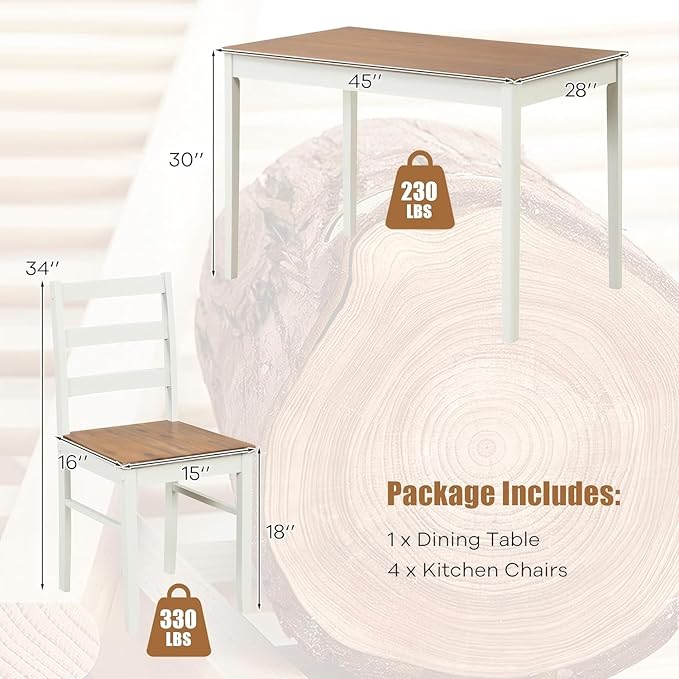 NAFORT Dining Table Set for 4, Solid Wood Kitchen Table and Chairs, Farmhouse Dinette Set w/Apron, Rubber Wood Legs, Mid-Century Modern Dining Room Table and 4 Chairs for Kitchen, Restaurant