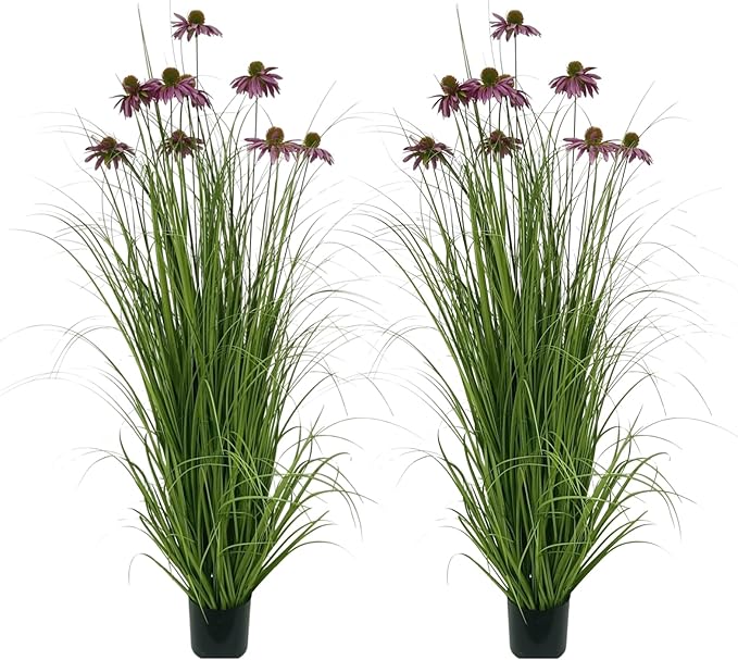 46" UV Resistant Artificial Grass Plant with 9 Realistic Purple Echinacea Flowers - Indoor/Outdoor Fake Plants for Patio, Living Room, Porch Decor - All Weather Faux Floor Plant 2-Pack