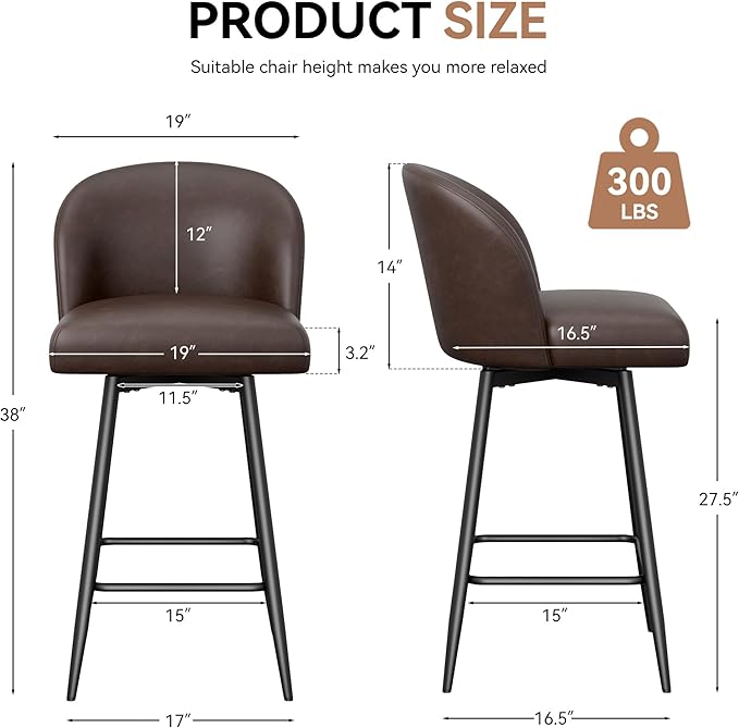 Counter Height Bar Stools Set of 2,360° Swivel Barstools with High Back and Metal Legs,26" Seat Height, Upholstered PU Leather Bar Chairs for Kitchen Island, Dining Room,Cafes,Black Brown