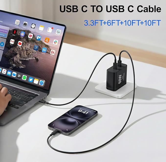 iPhone 17 Charger45W Fast Charging Dual Port USB C Charger Block with 3/6/10/10FT Type C Charging Cable-PD Quick Adapter 3.0 for iPhone 17e/17/17 Pro/17 Pro Max/Air/16/15 Pro Max/PlusiPad (Black)
